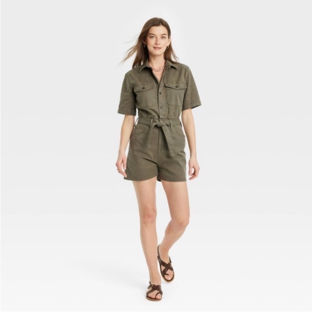 Universal Thread Women's Olive Green Short Sleeve Denim Jumpsuit Collared